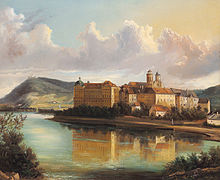 Blick auf Klosterneuburg, zeitgenössisches Gemälde von Johann Wilhelm Jankowsky (* 1800; † 1870). Noch im 19. Jahrhundert hatte das Stift zwei verschiedene Türme