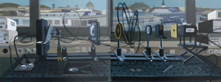 Zwei Gemälde aus der Serie "Optik Labor" von Ivan Chemakin im Rahmen von techArt: Kunst im Labor (Öl auf Leinwand, Acryl, 80x60 cm)