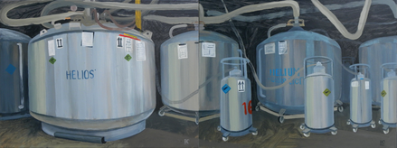 Zwei Arbeiten mit dem Titel "Heliumbahnhof" von Ivan Chemakin im Rahmen von techArt: Kunst im Labor (Öl auf Leinwand, Acryl, 80x60 cm)