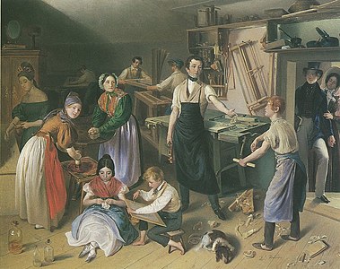 Die fleißige Tischlerfamilie, Gemälde von Johann Baptist Reiter (1813-1890)